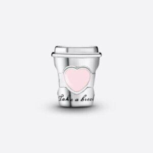 Pandora Silver Charm with Pink Heart Coffee Cup